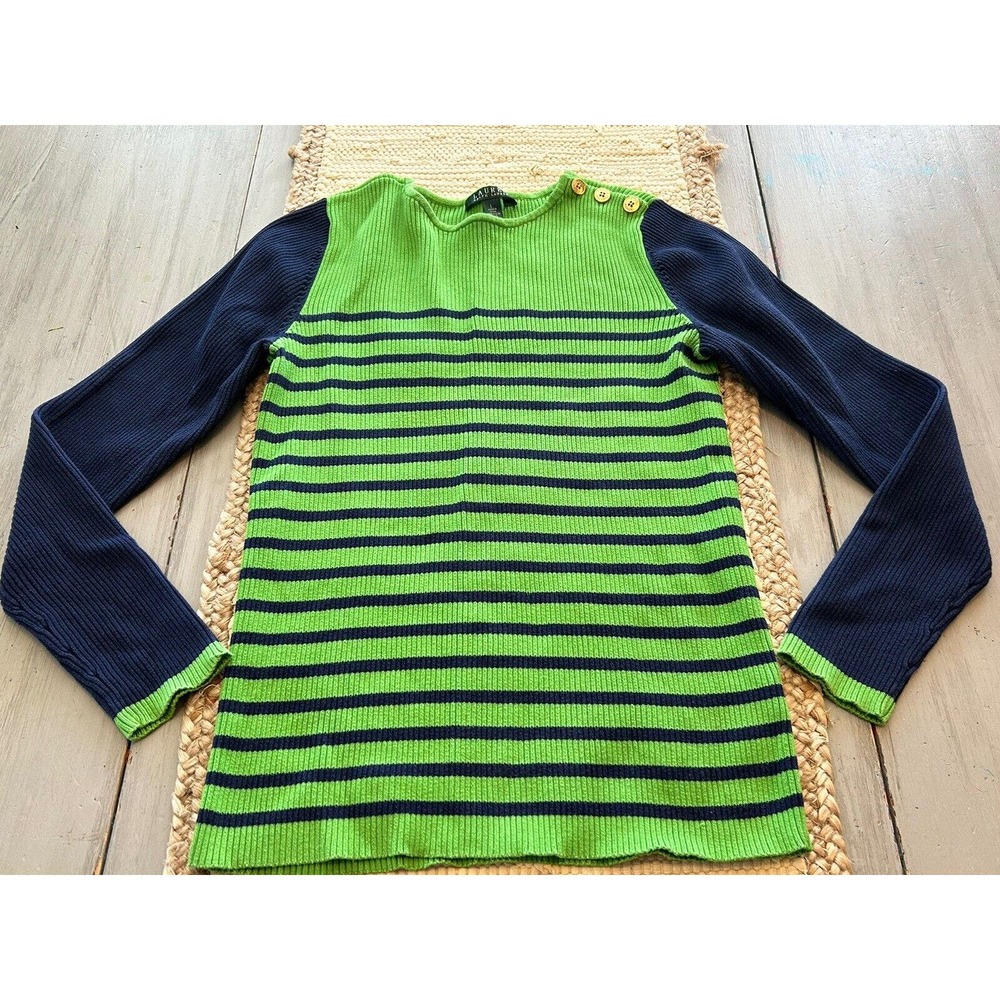 Ralph Lauren Green and Navy Striped Crewneck Sweater